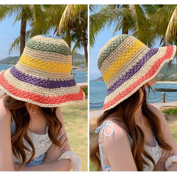 Foldable Bohemian Seaside Rainbow Color Straw Woven Sunhat - Picture 9 of 14